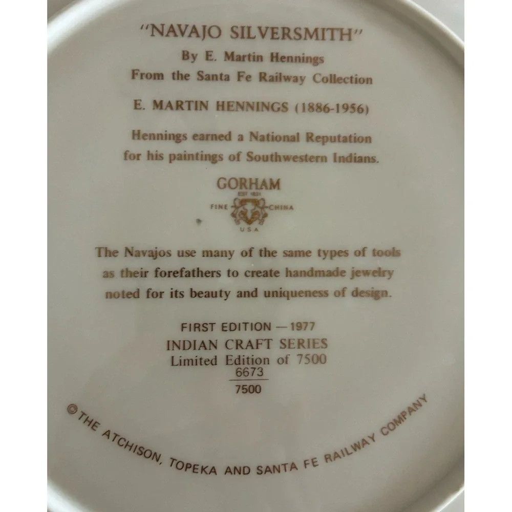 Gorham Collectors Plate Navajo‎ Silversmith E. Martin Hennings 2nd Edition 1977